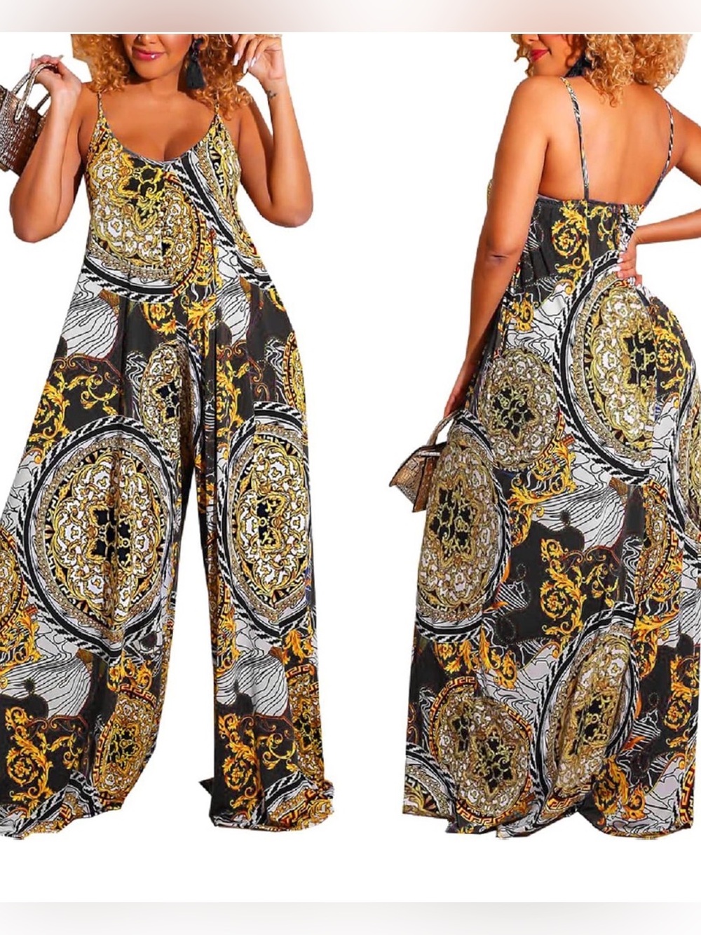Elegant Wide-Leg Printed Jumpsuit in Black & Gold size S ,M,L,XXL - Picture 2 of 3